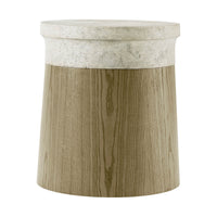 Side view of modern end table, wood and stone.