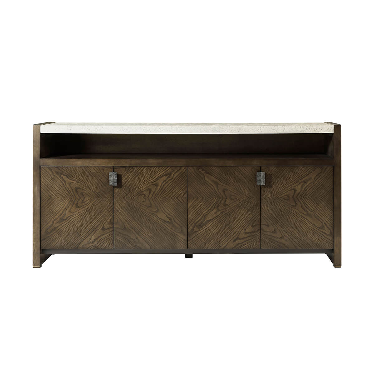 Front view of modern dark ash media cabinet.