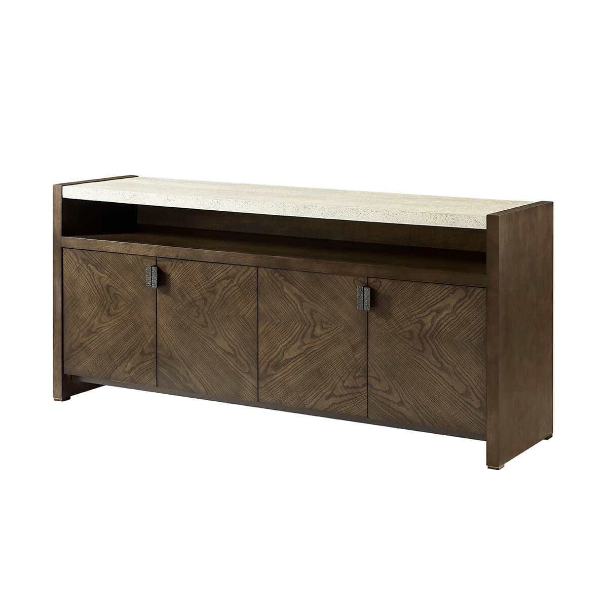 Modern dark ash media cabinet side angle view.