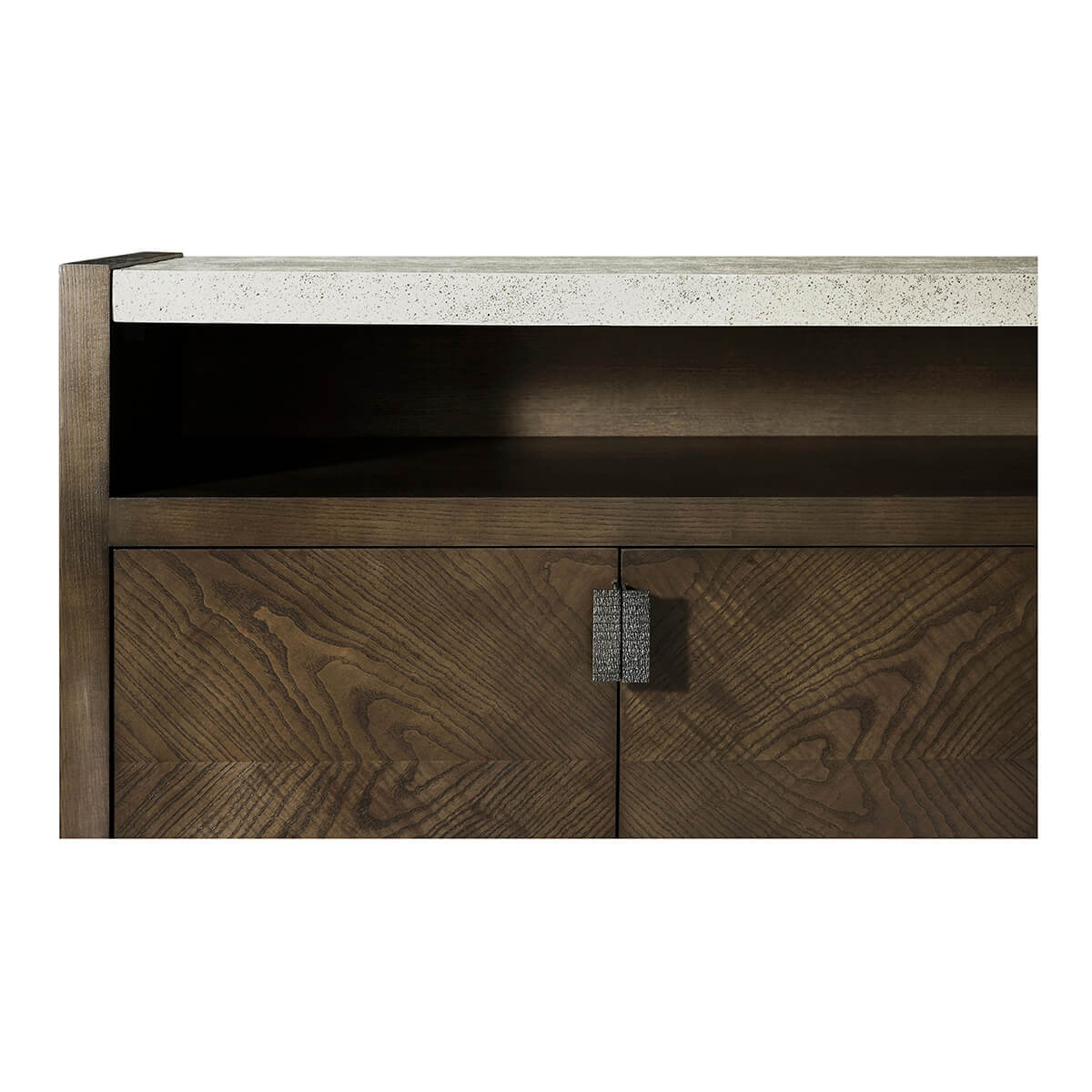 Close-up view of media cabinet door texture and handle.