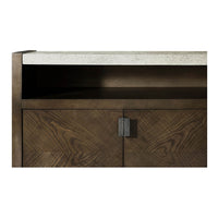 Close-up view of media cabinet door texture and handle.