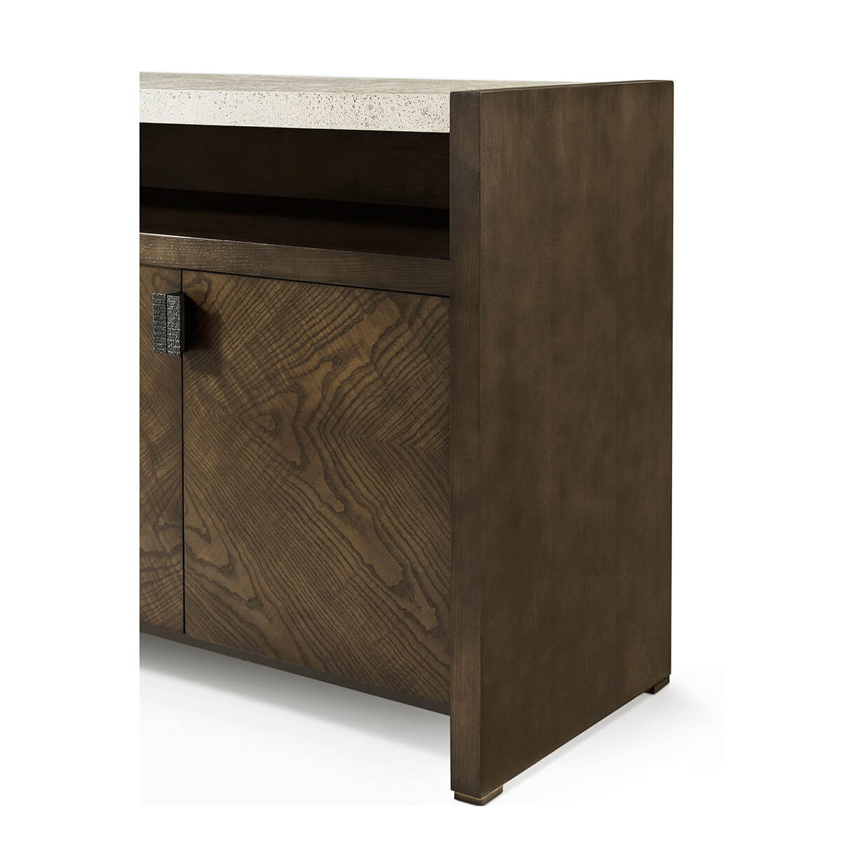 Side perspective of modern dark ash media cabinet.