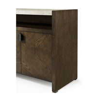 Side perspective of modern dark ash media cabinet.