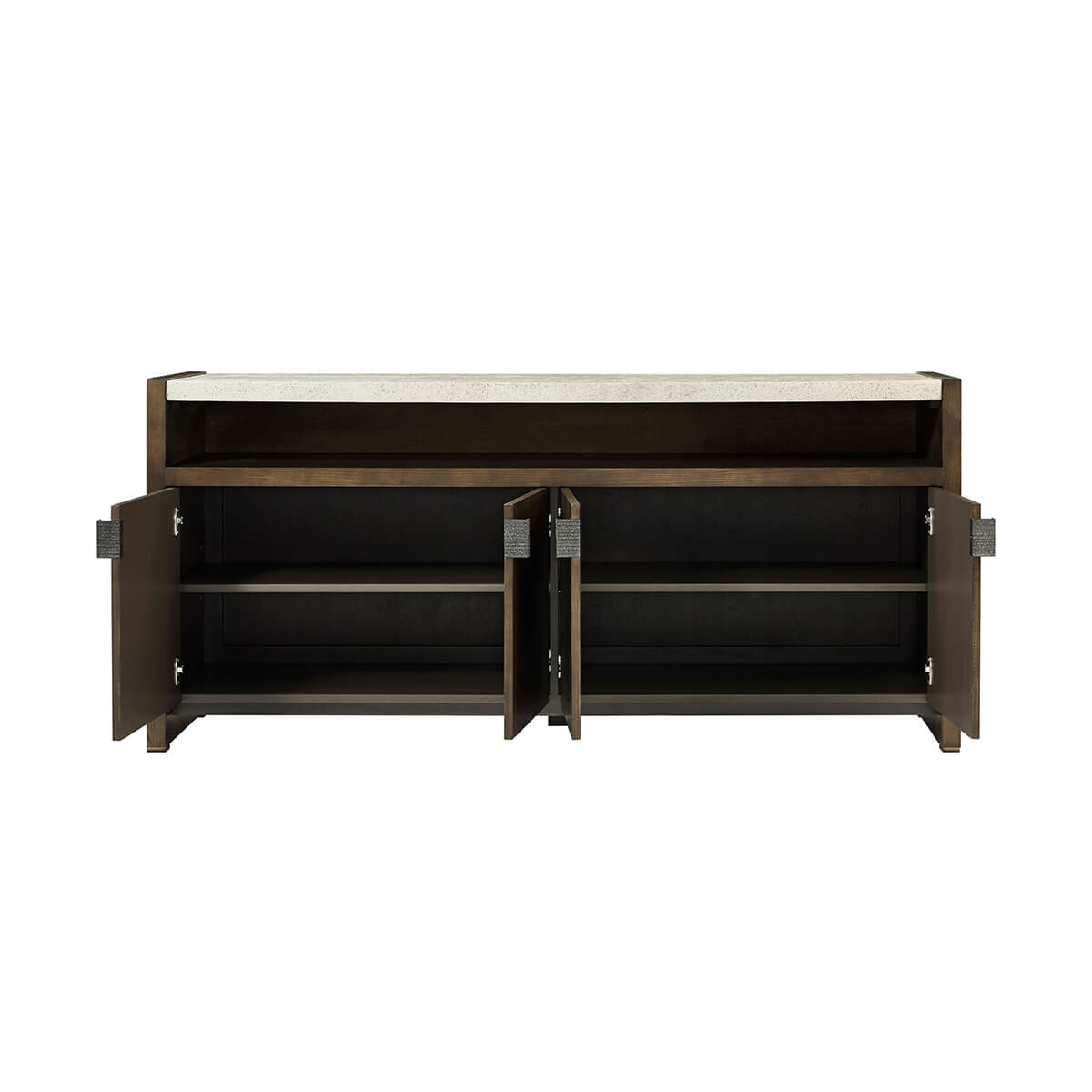 Open doors on modern dark ash media cabinet.