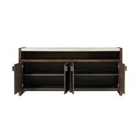 Open doors on modern dark ash media cabinet.