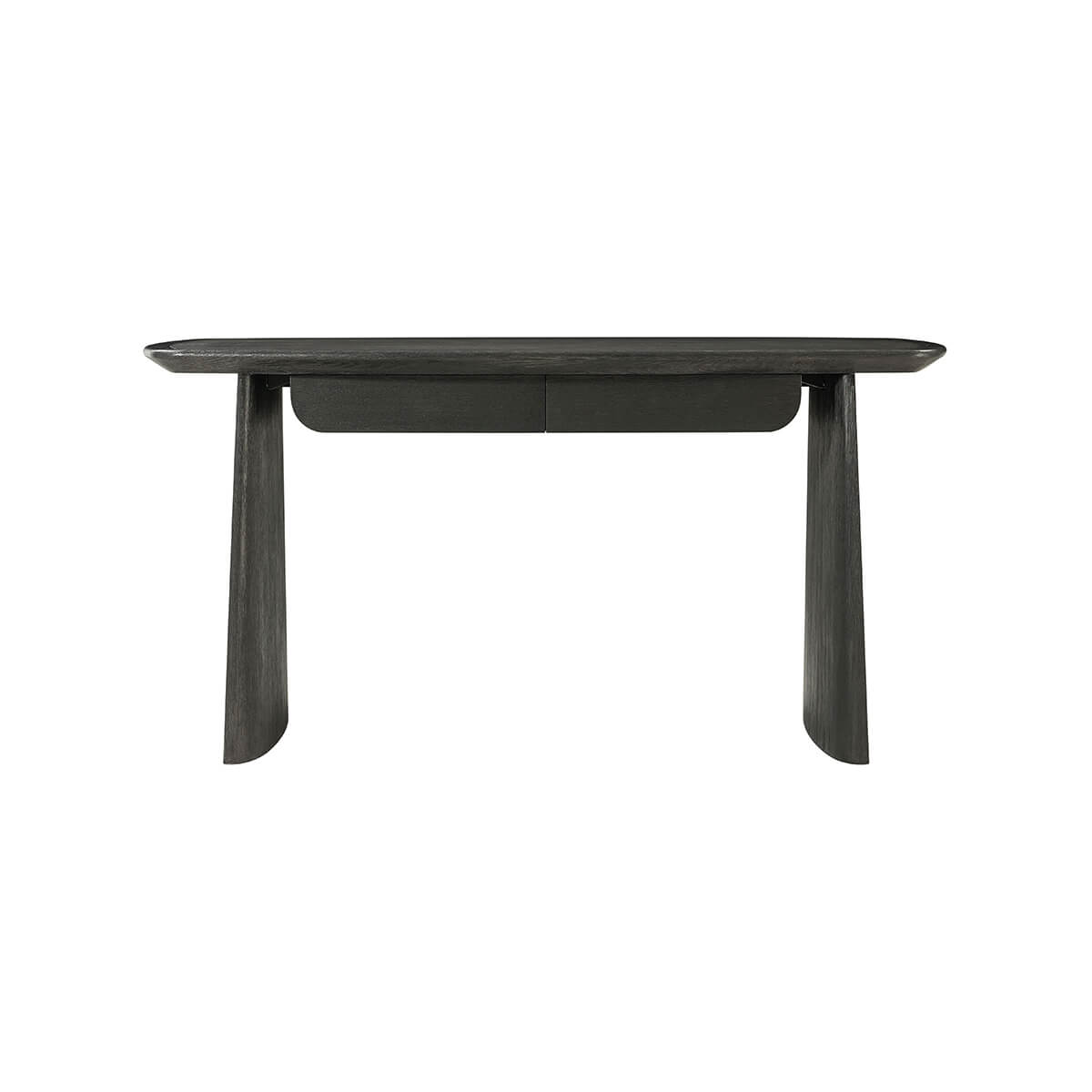 Front view of dark oak desk, minimalist design.