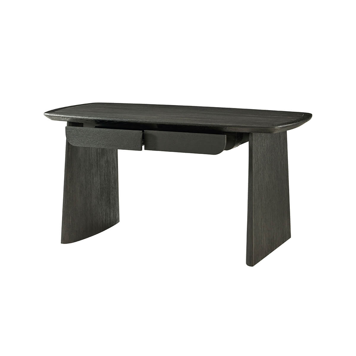 Modern desk with open drawer, dark oak finish.