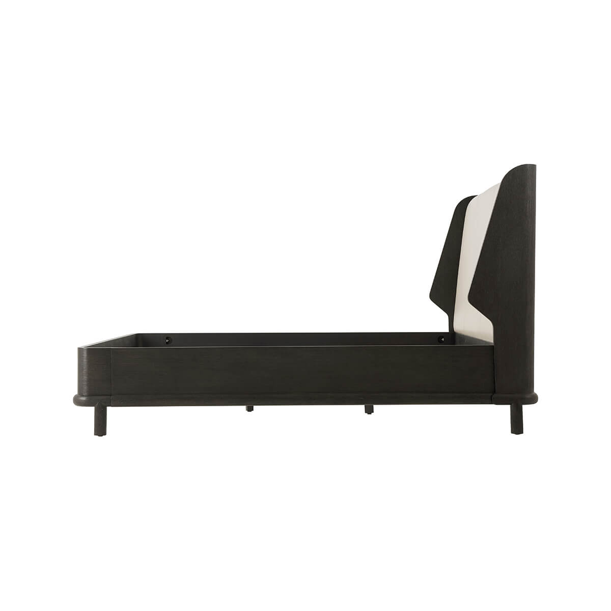 Side view of modern dark oak bed frame.