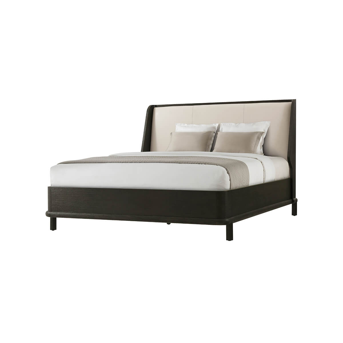 Modern dark oak luxury bed frame with mattress.