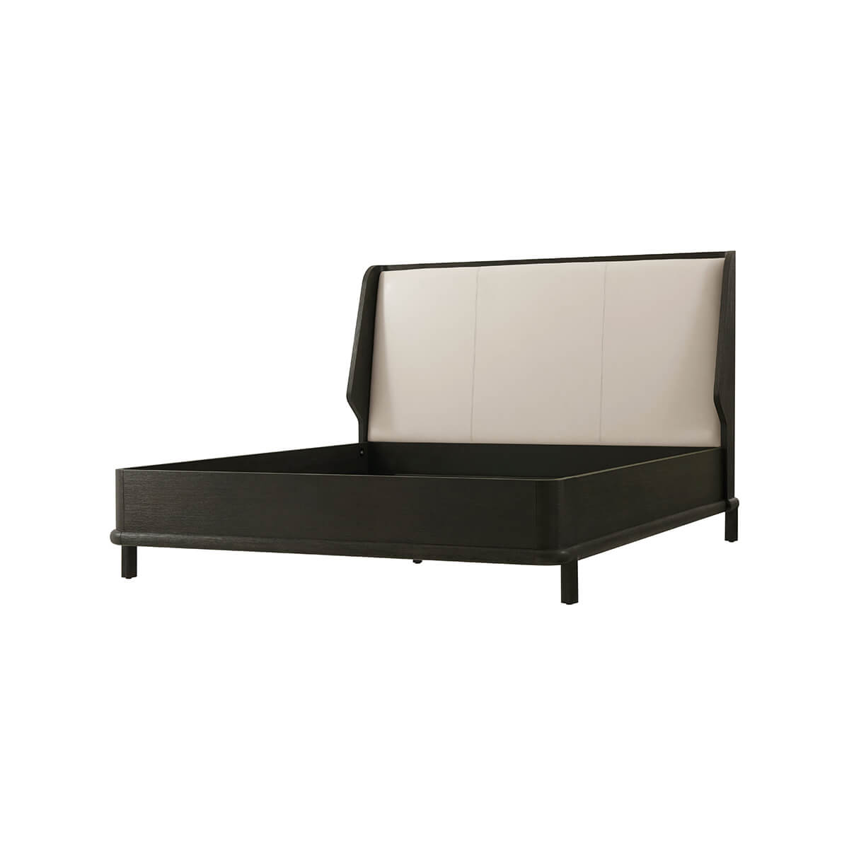 Angled view of modern dark oak luxury bed frame.
