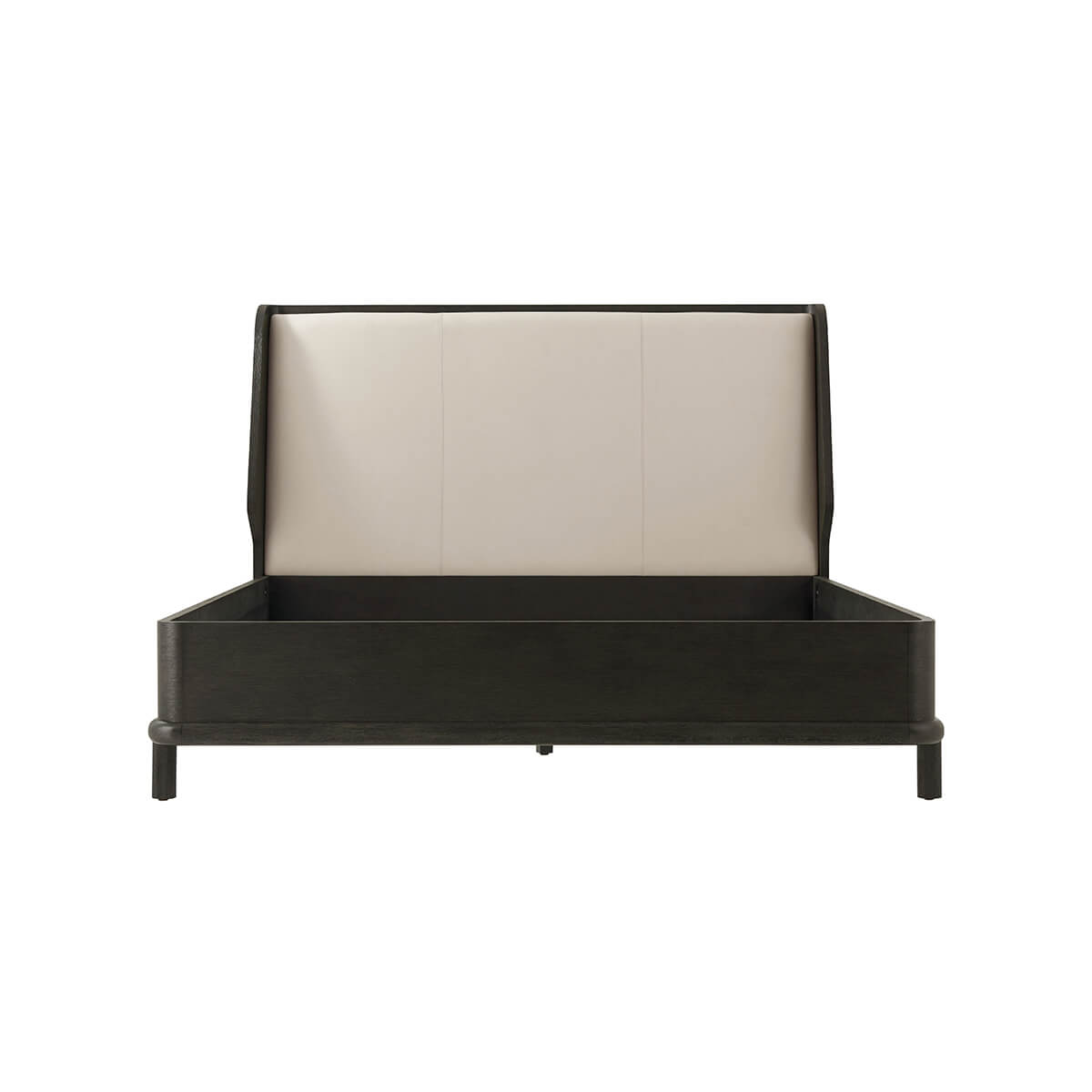 Head-on view of modern dark oak bed frame.