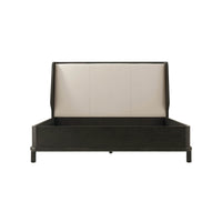 Head-on view of modern dark oak bed frame.