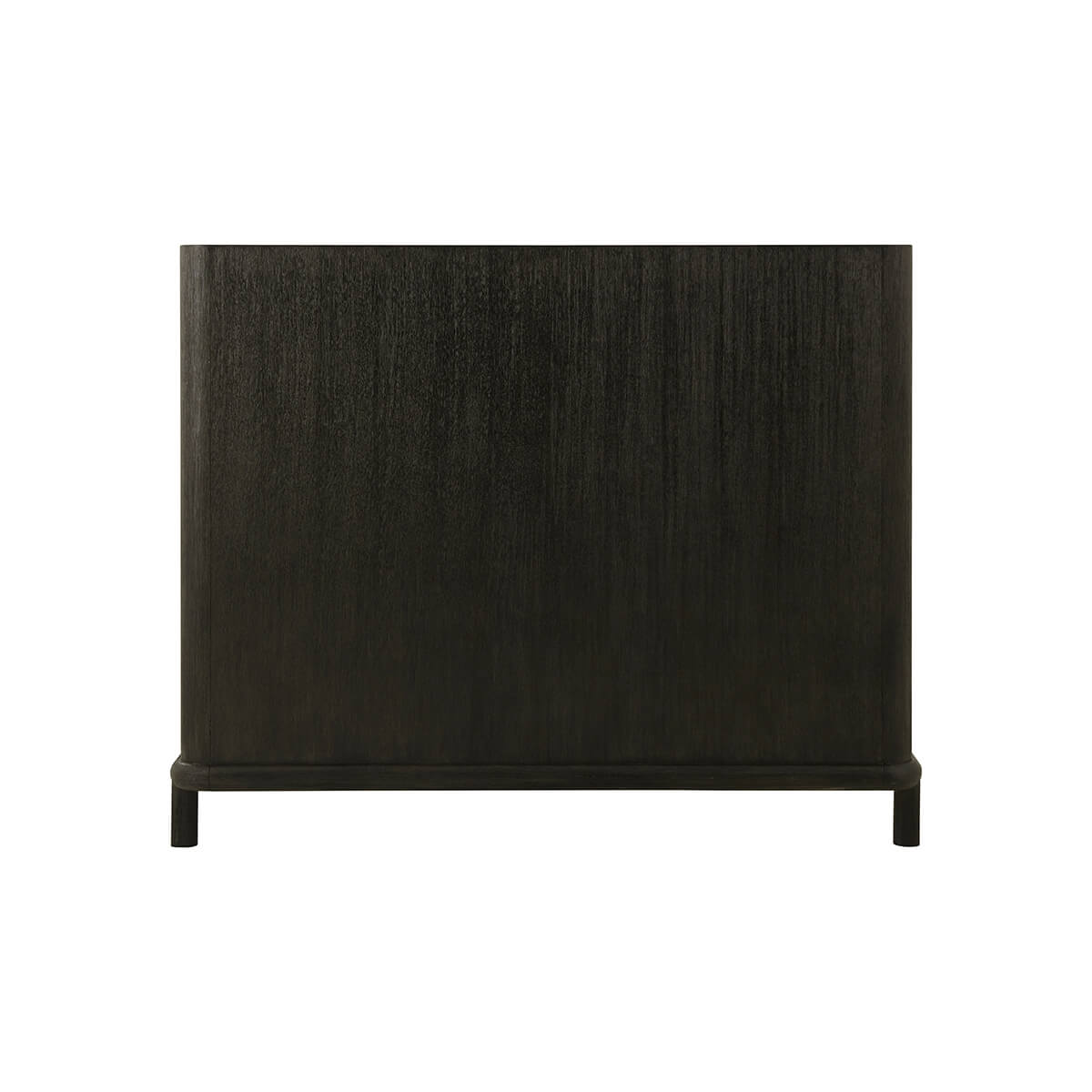 Back view of dark oak bed frame, queen size structure.