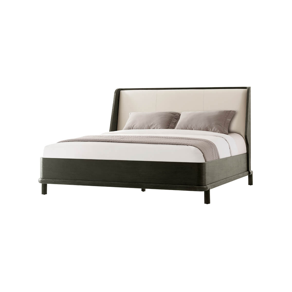 Modern dark oak luxury bed frame, queen size, front view.