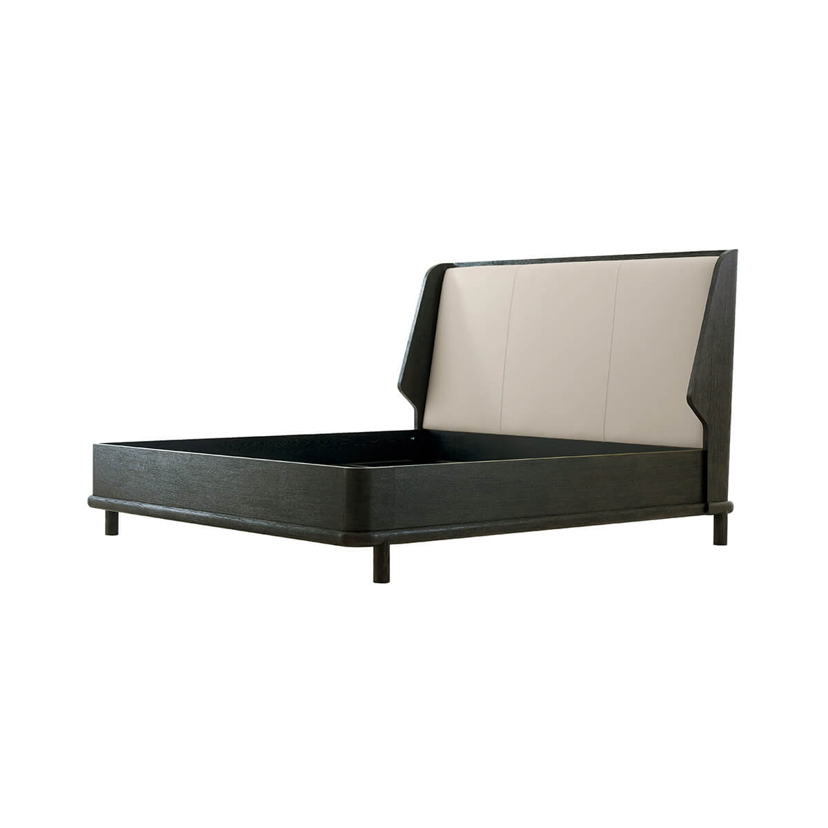 Modern dark oak bed frame, empty, angled view.