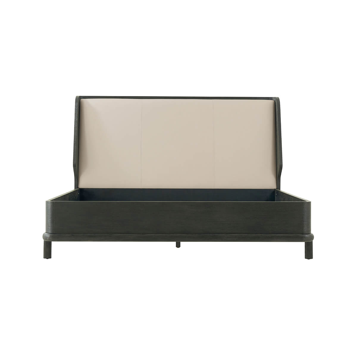 Front view of modern king-size dark oak bed frame.
