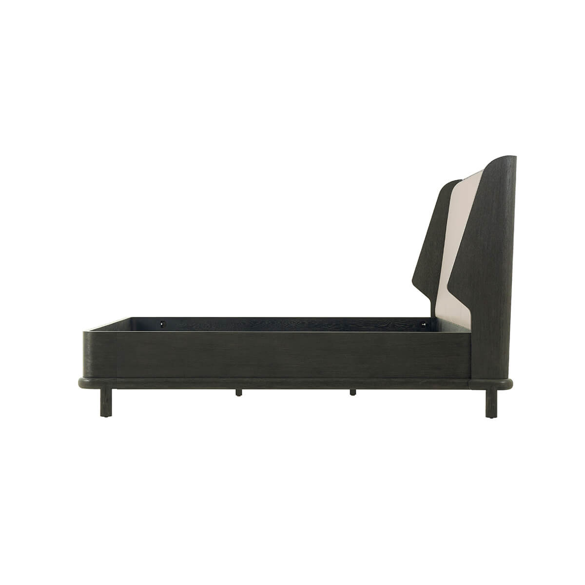 Side view of modern dark oak luxury bed frame.