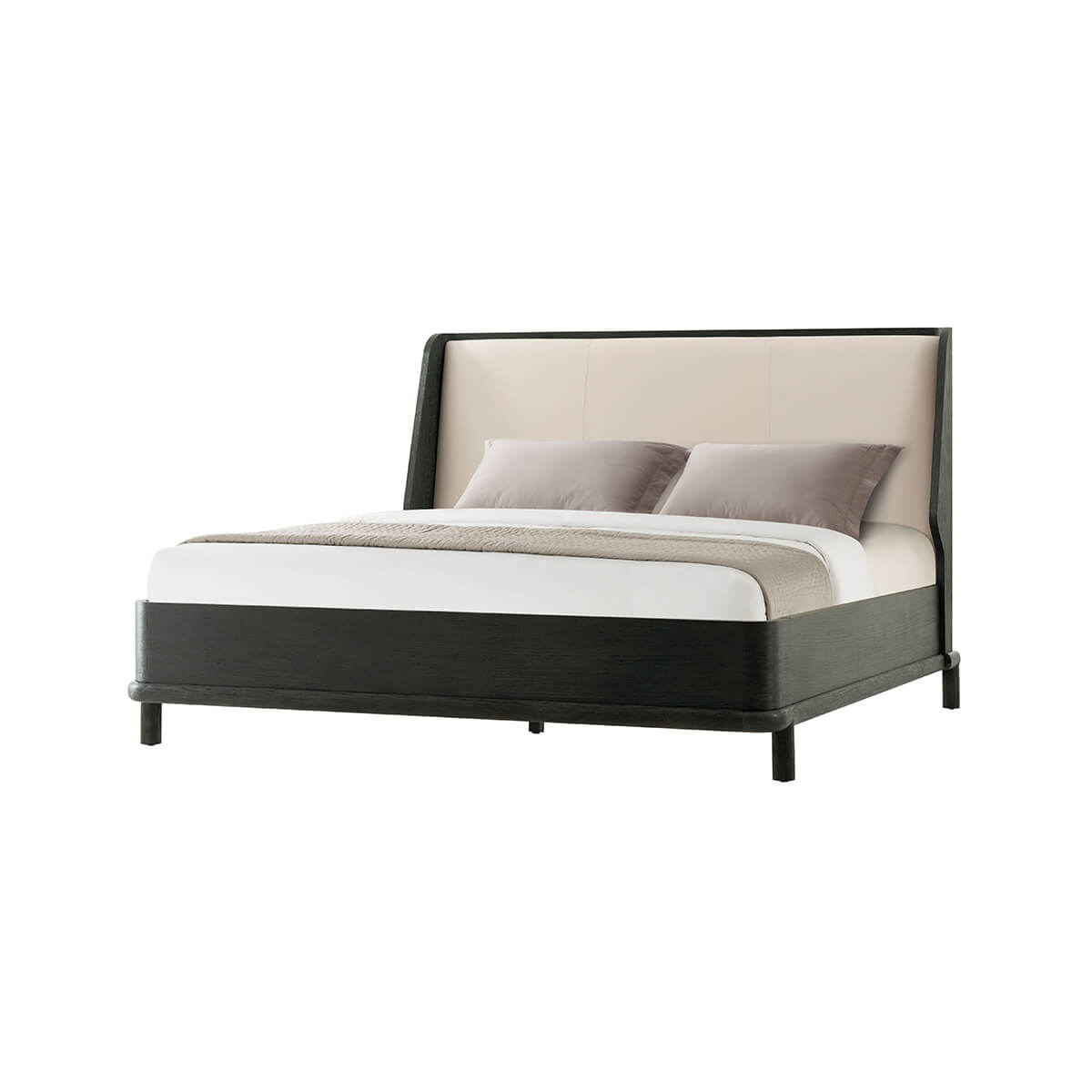 Modern dark oak bed frame with pillows, angled view.