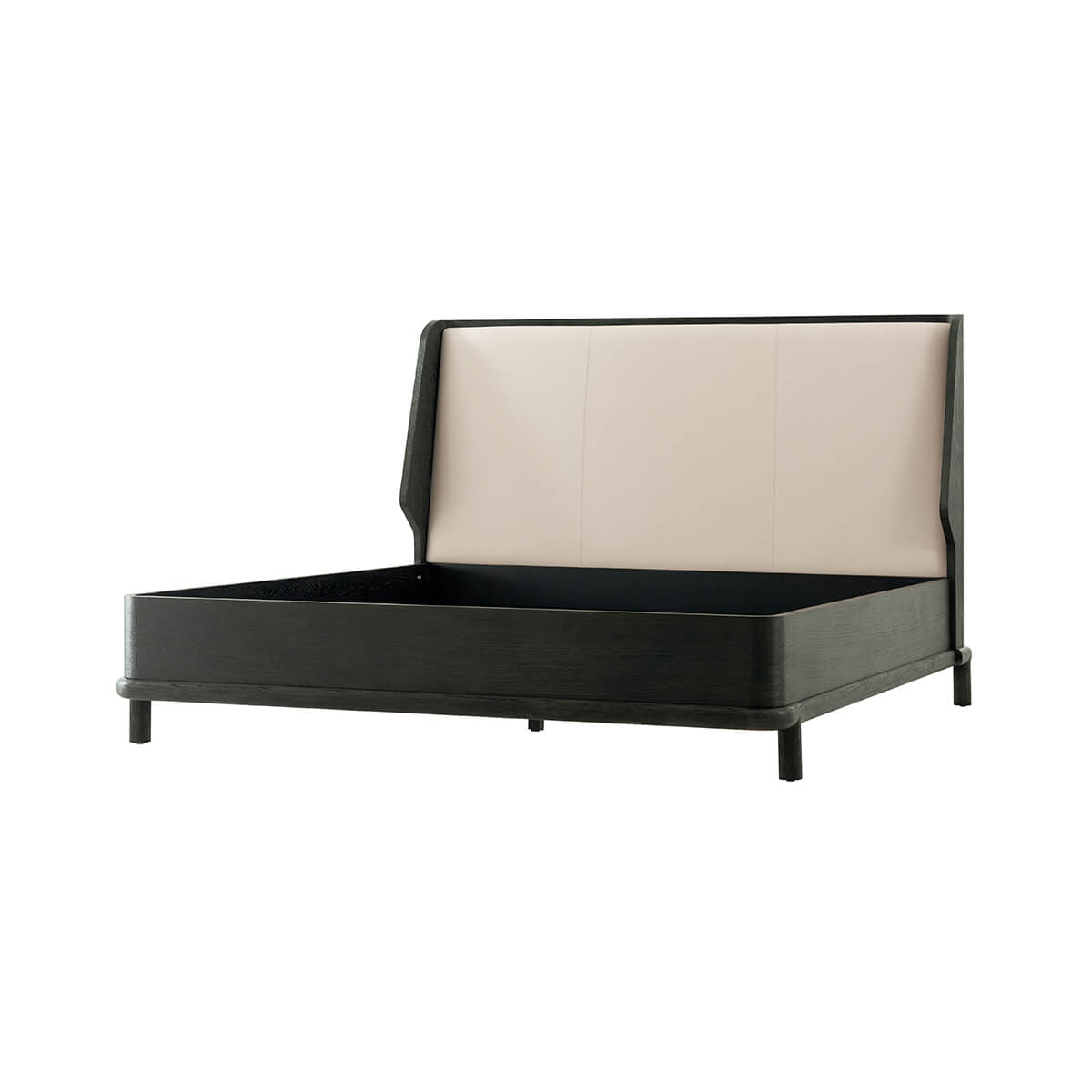Modern king-size bed frame, empty, angled view.