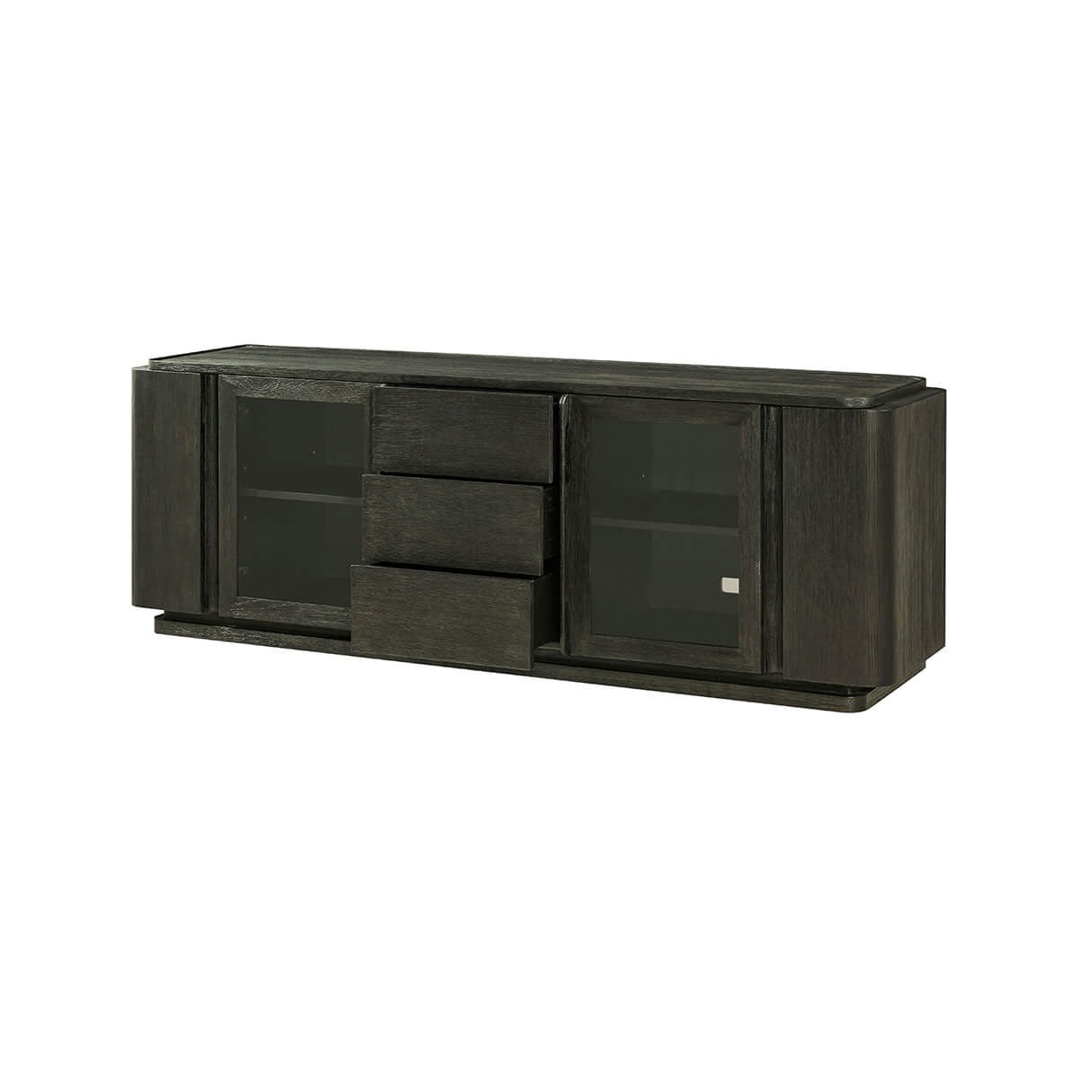Angled view of dark oak media console.