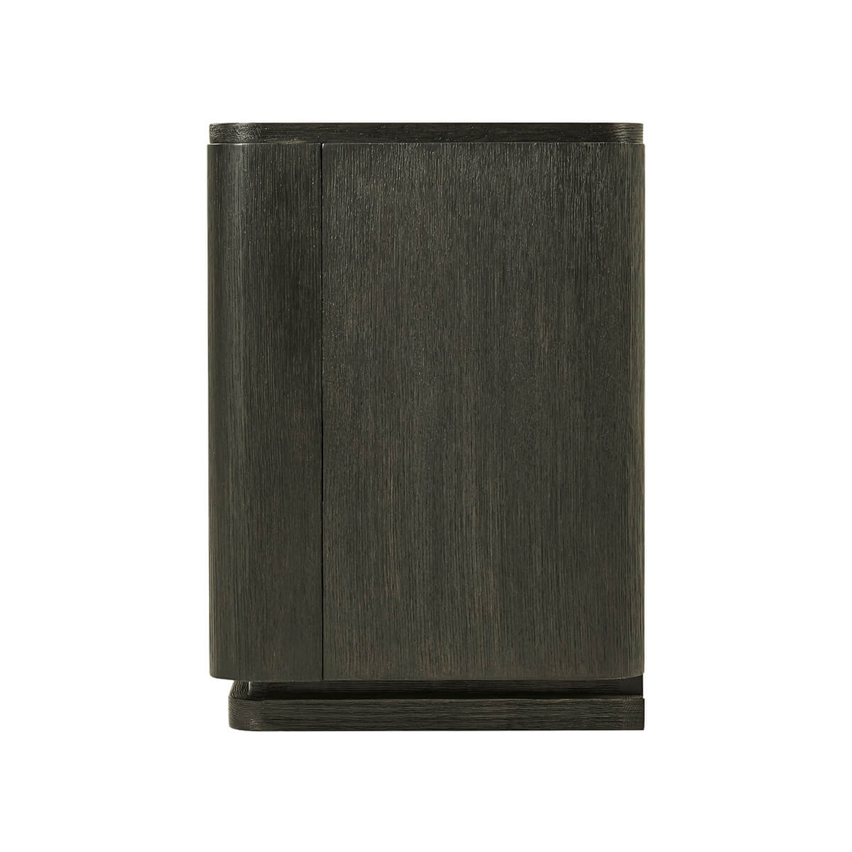 End view of dark oak media console.