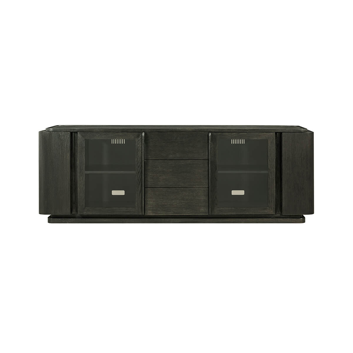 Front view of dark oak media console.