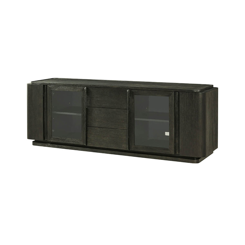 Side view of dark oak media console.