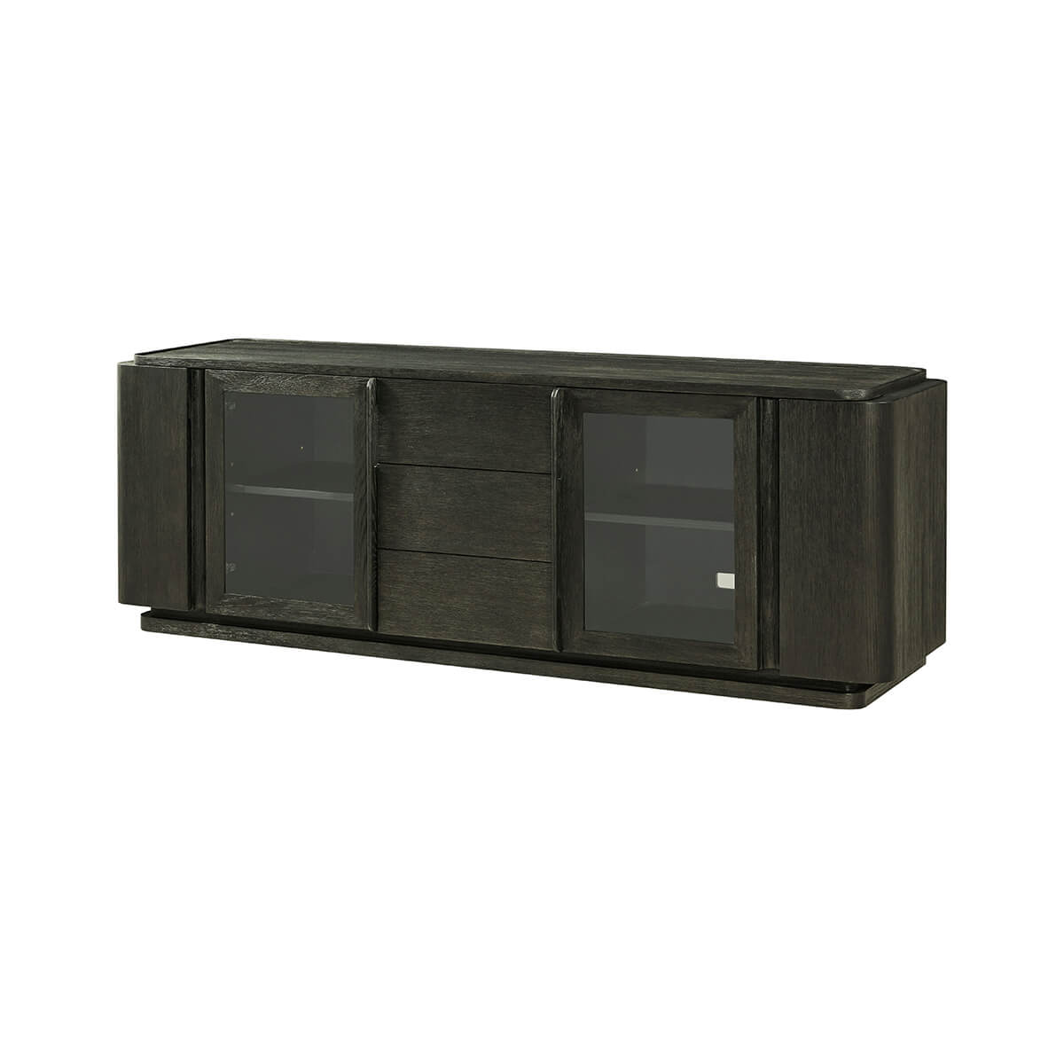 Side view of dark oak media console.