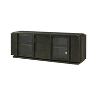 Side view of dark oak media console.