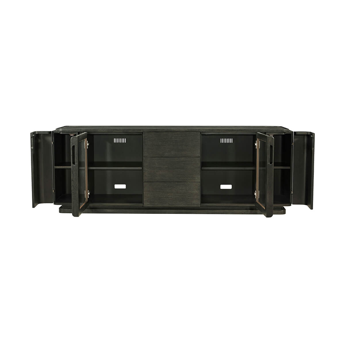 Open doors of dark oak media console.