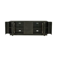 Open doors of dark oak media console.