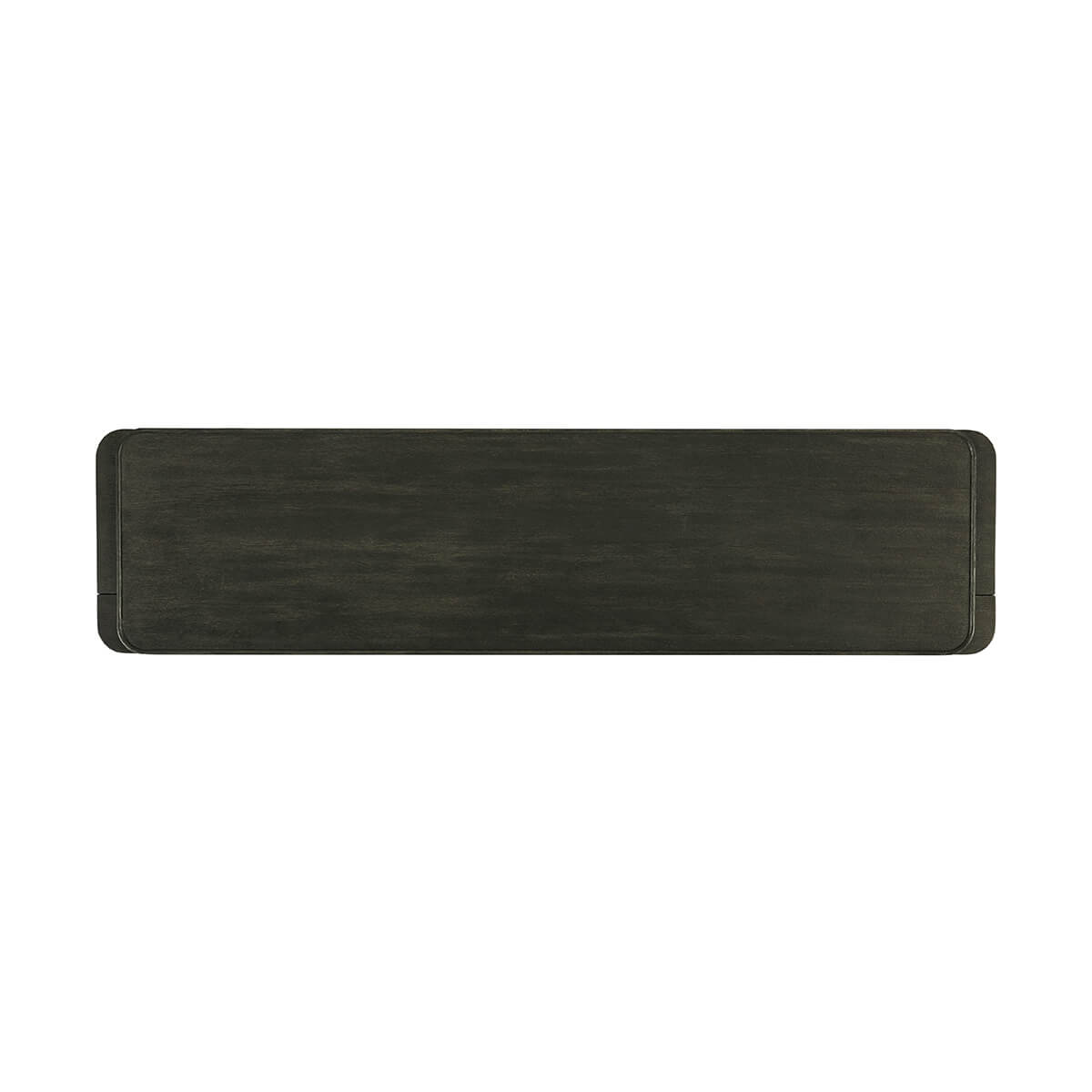 Top view of dark oak media console.