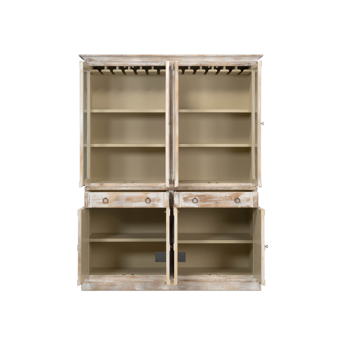 Inside view of hutch displaying shelves and compartments.