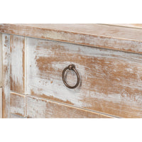 Close-up of drawer handle on distressed hutch drawer.