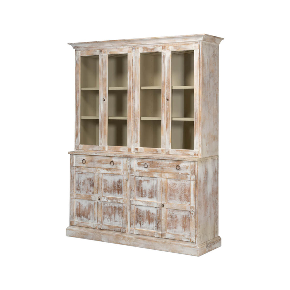 Distressed wood hutch angled view with glass doors.