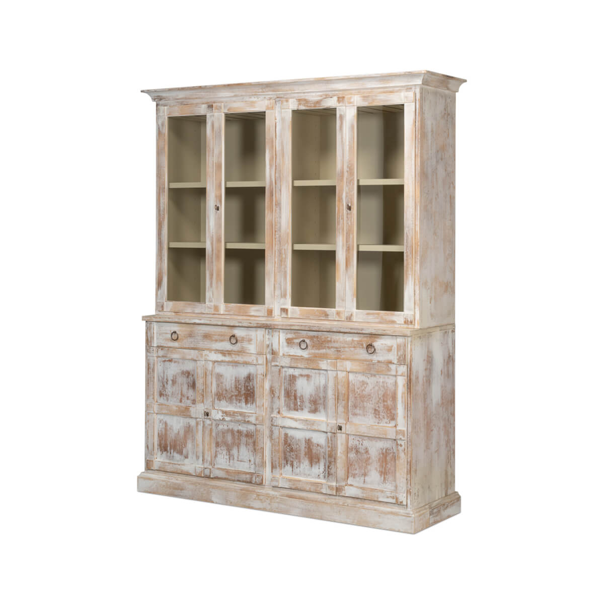 Distressed wood hutch angled view with glass doors.