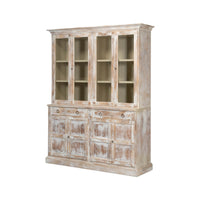 Distressed wood hutch angled view with glass doors.
