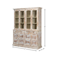 Dimensions overlay on full view of distressed wood hutch.