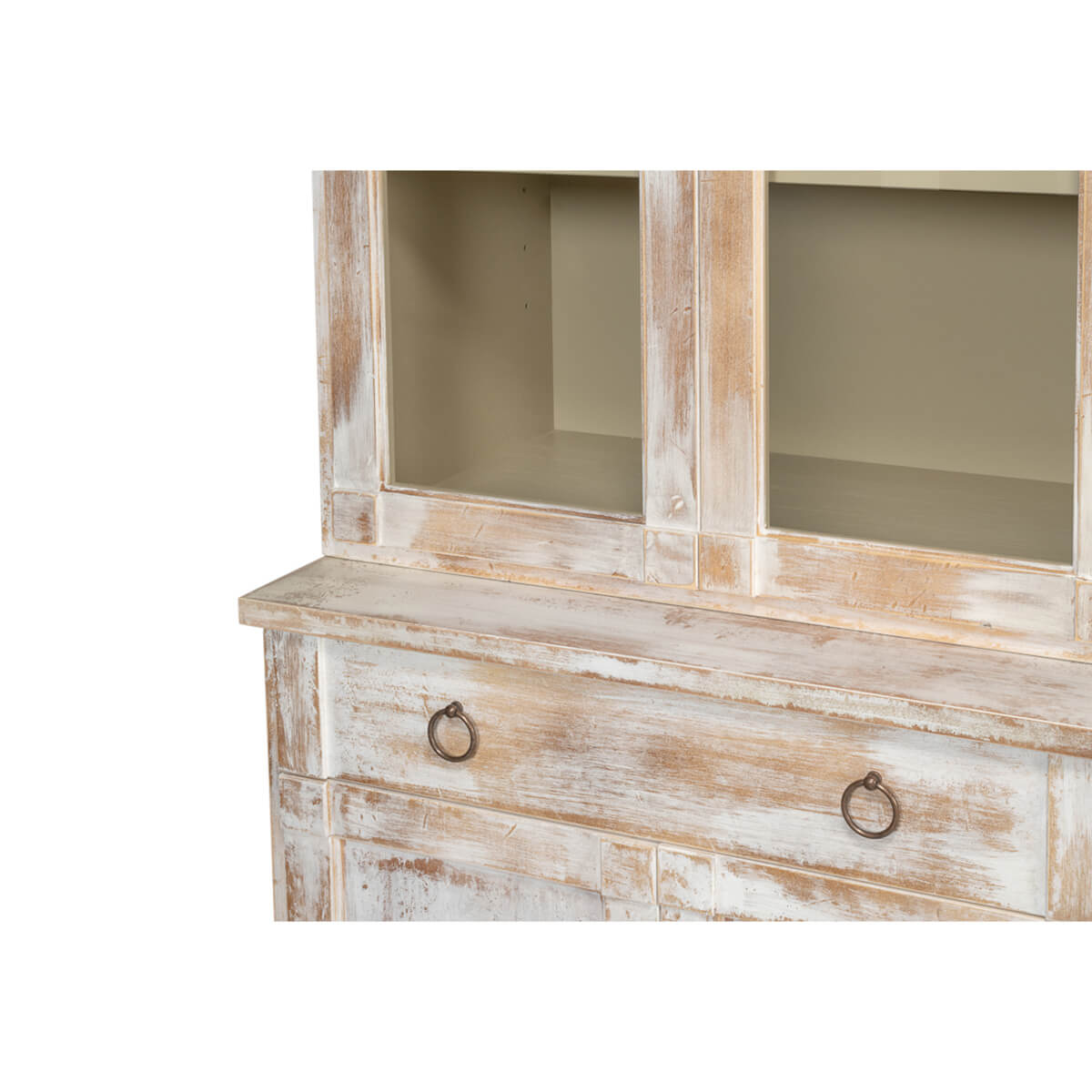 Front drawer and upper shelves of distressed hutch.