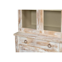 Front drawer and upper shelves of distressed hutch.