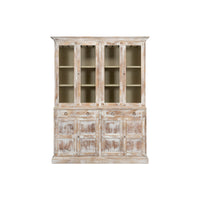 Front view of distressed finish hutch with storage compartments.