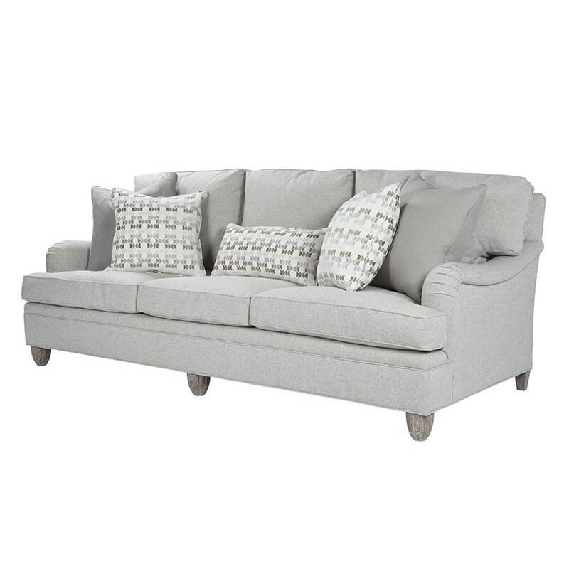 Modern English arm sofa angled front view with pillows