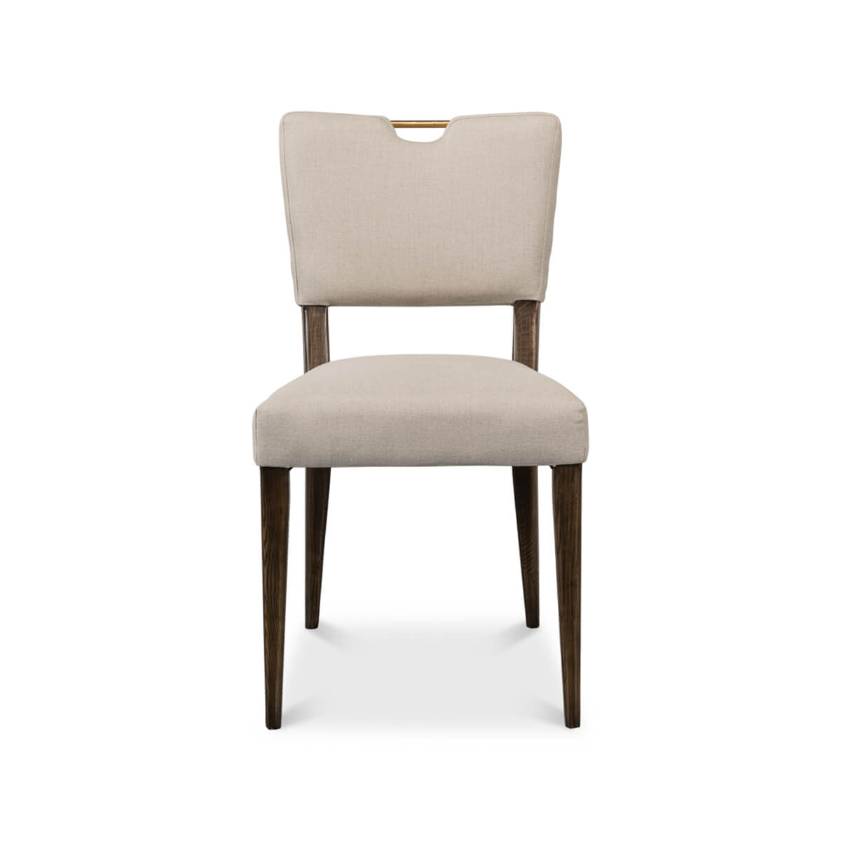 Full frontal view of modern English dining chair.