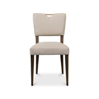 Full frontal view of modern English dining chair.