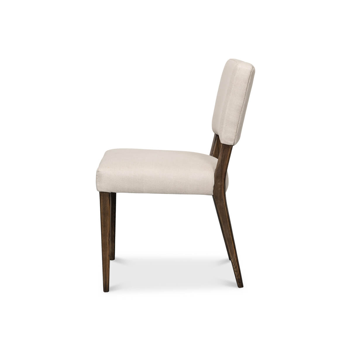 Side profile of modern English dining chair.