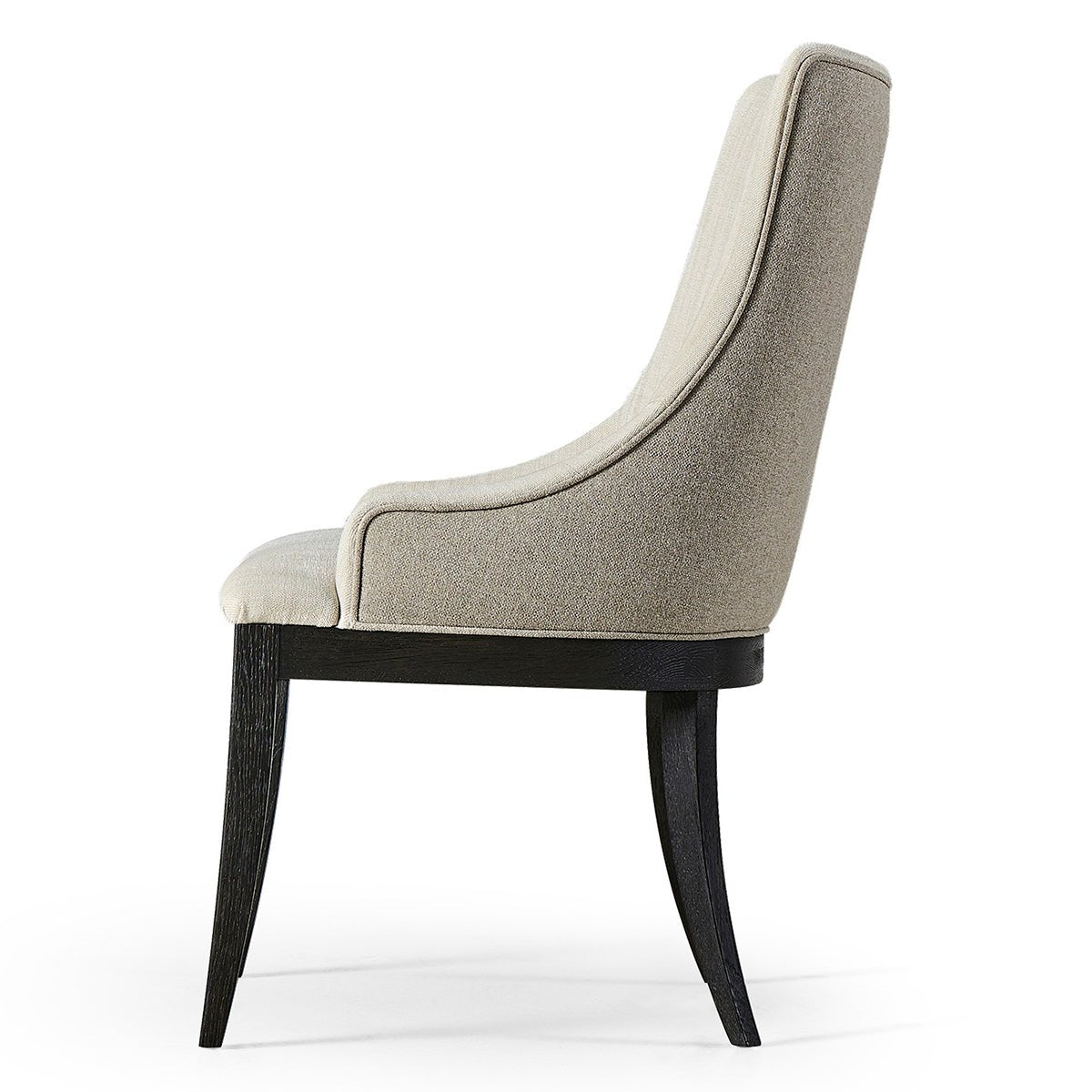 Modern English side chair, side profile, sleek design.