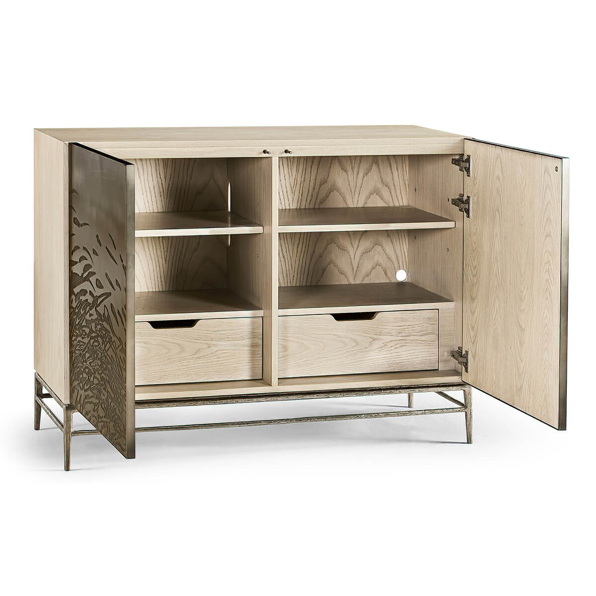 Open brass cabinet with shelves and drawers inside.