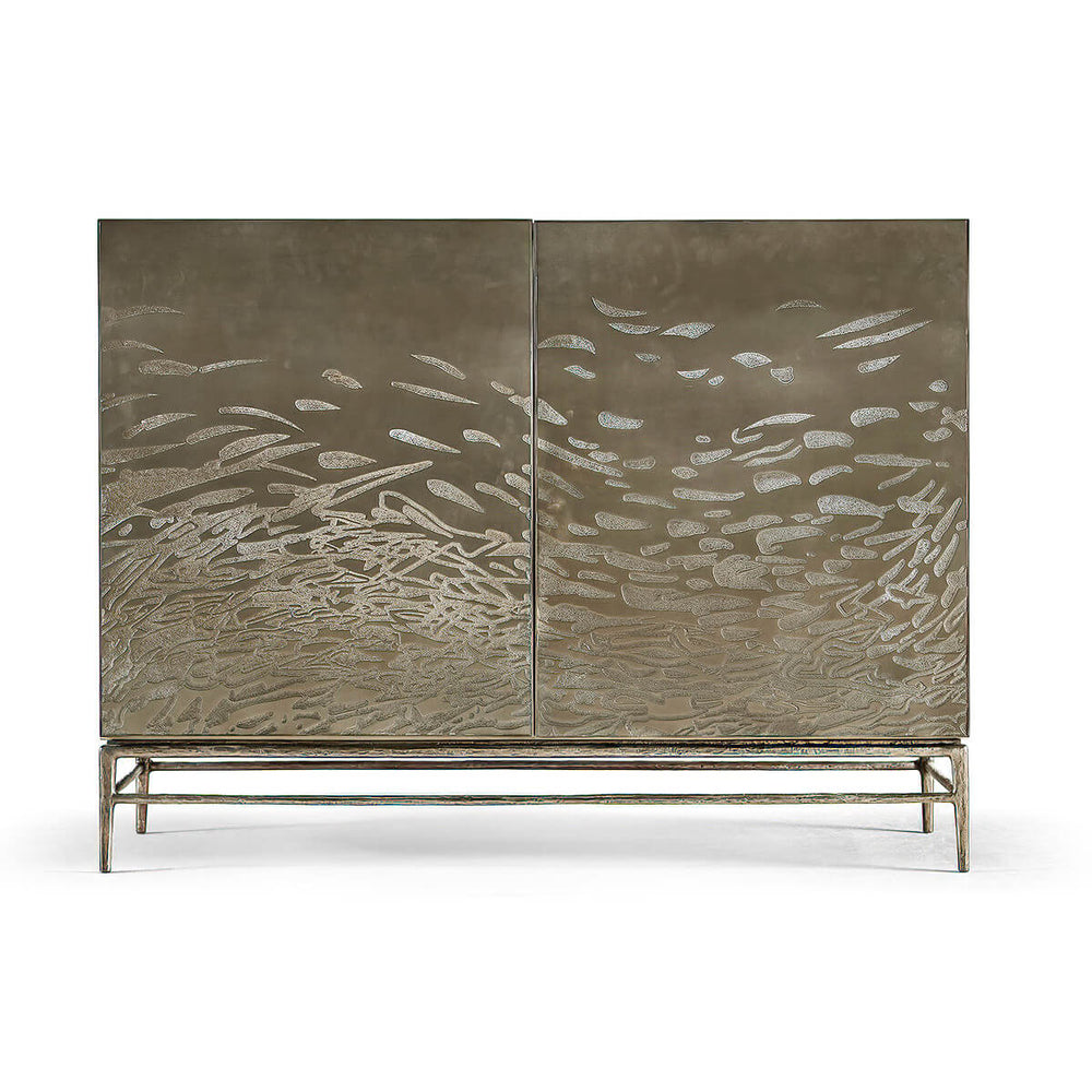Front view of modern etched brass cabinet design.
