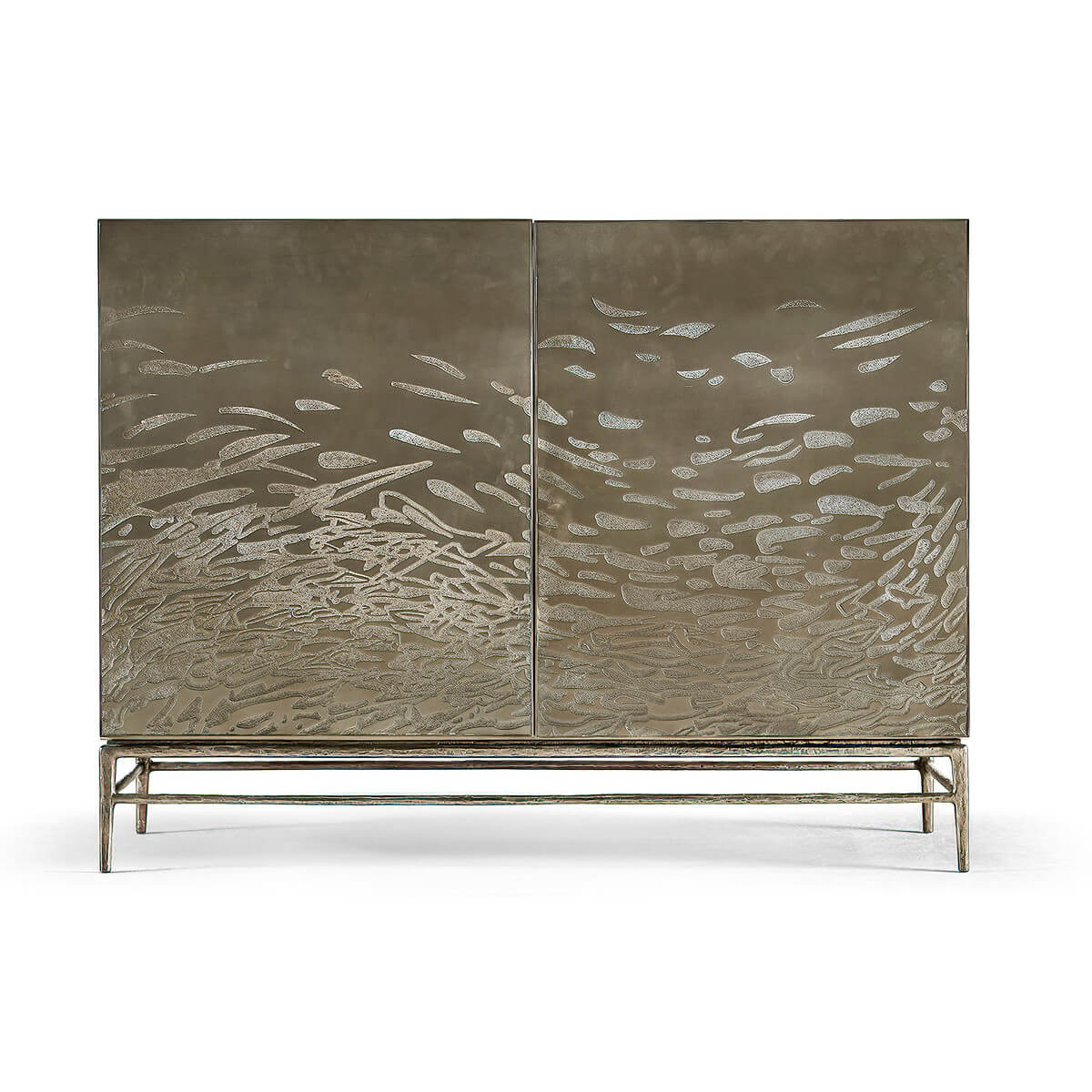 Front view of modern etched brass cabinet design.