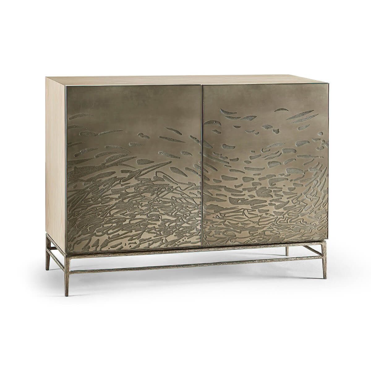 Side angle of flowing pattern etched brass cabinet.